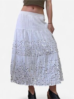 Y2K white cotton maxi skirt with sequins
